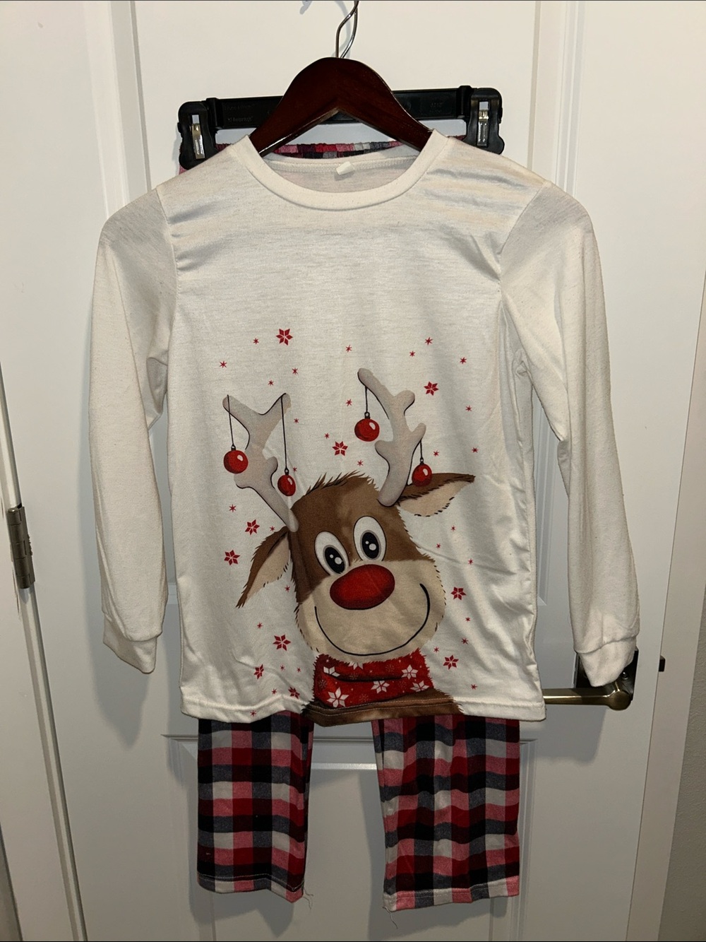 Kids White Reindeer Pajama Set with Red Plaid Pants